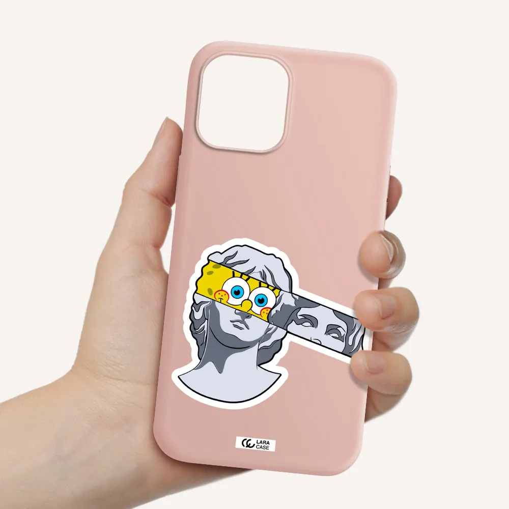 a cartoon of a statue with a yellow spongebob over its eyes Apple iPhone 12 pro Silicone pastel pink Case