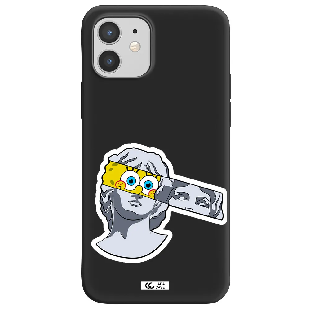 a cartoon of a statue with a yellow spongebob over its eyes Apple iPhone 12 Silicone black Case