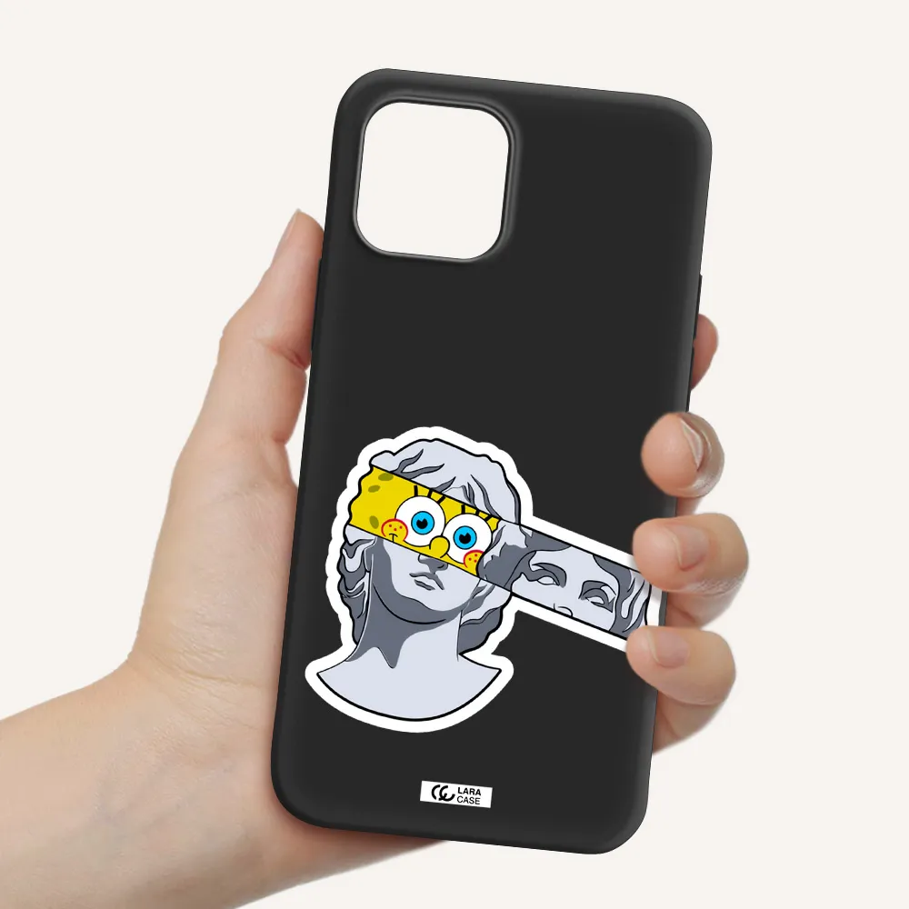 a cartoon of a statue with a yellow spongebob over its eyes Apple iPhone 12 Silicone black Case