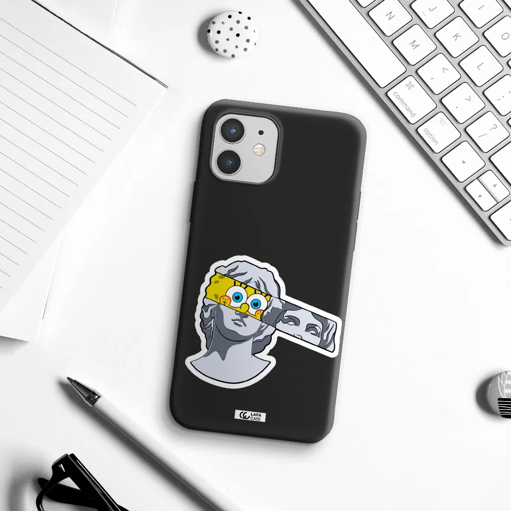 a cartoon of a statue with a yellow spongebob over its eyes Apple iPhone 12 Silicone black Case