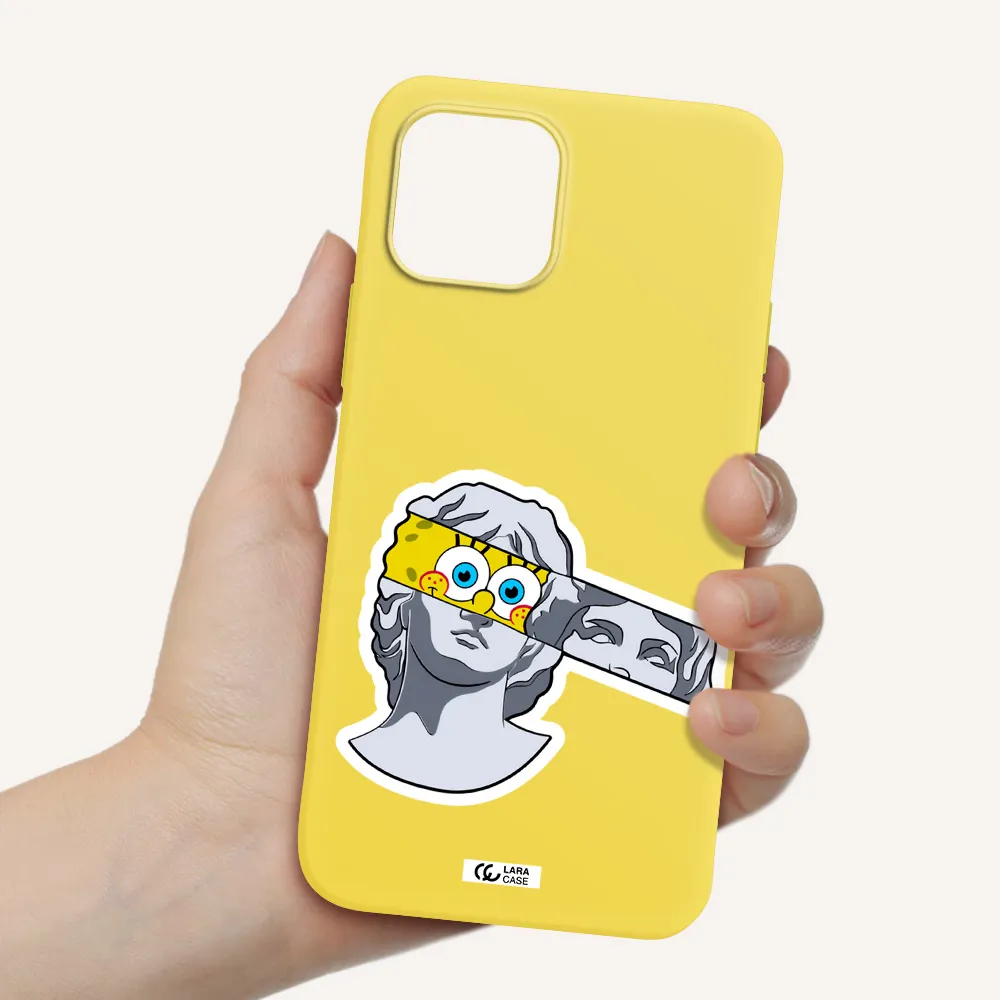 a cartoon of a statue with a yellow spongebob over its eyes Apple iPhone 12 Silicone canary yellow Case