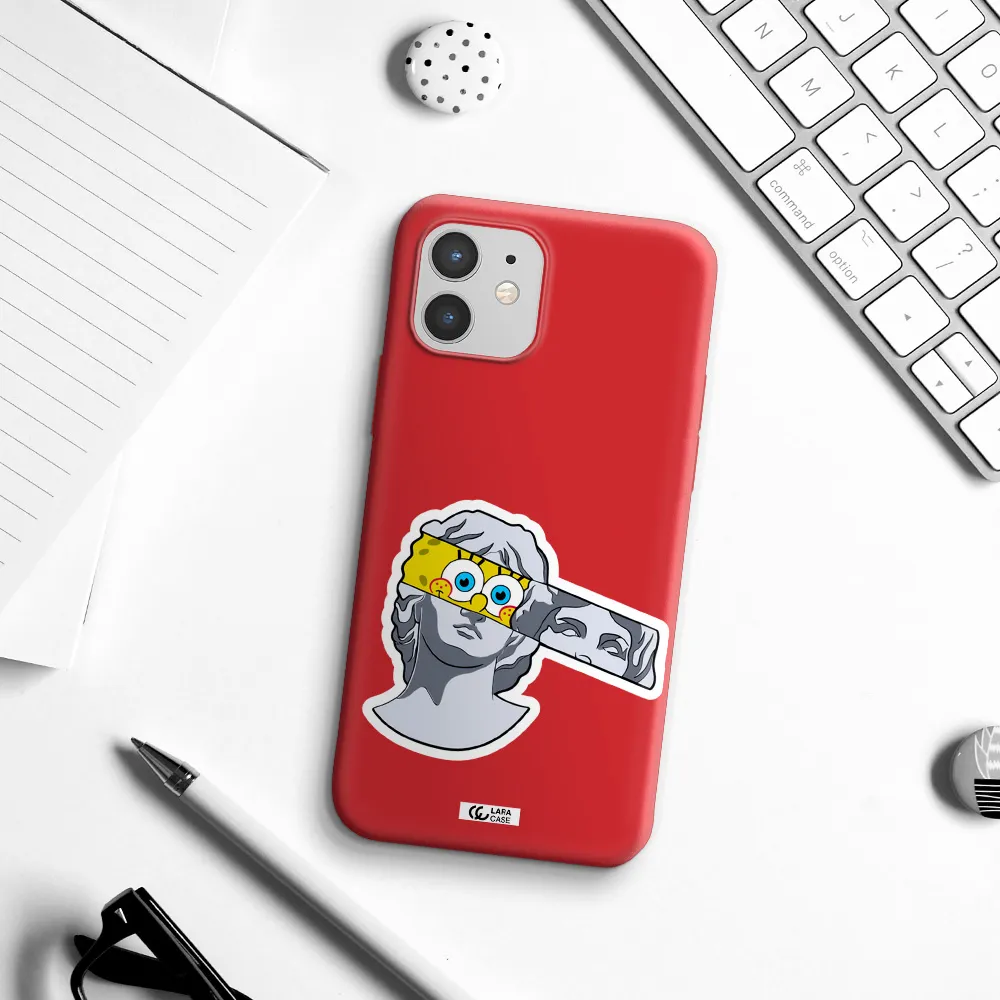 a cartoon of a statue with a yellow spongebob over its eyes Apple iPhone 12 Silicone Imperial Red Case