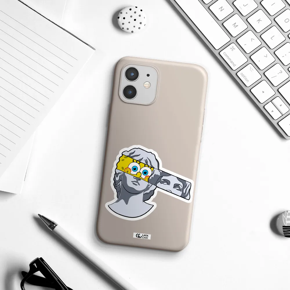 a cartoon of a statue with a yellow spongebob over its eyes Apple iPhone 12 Silicone Stone Case