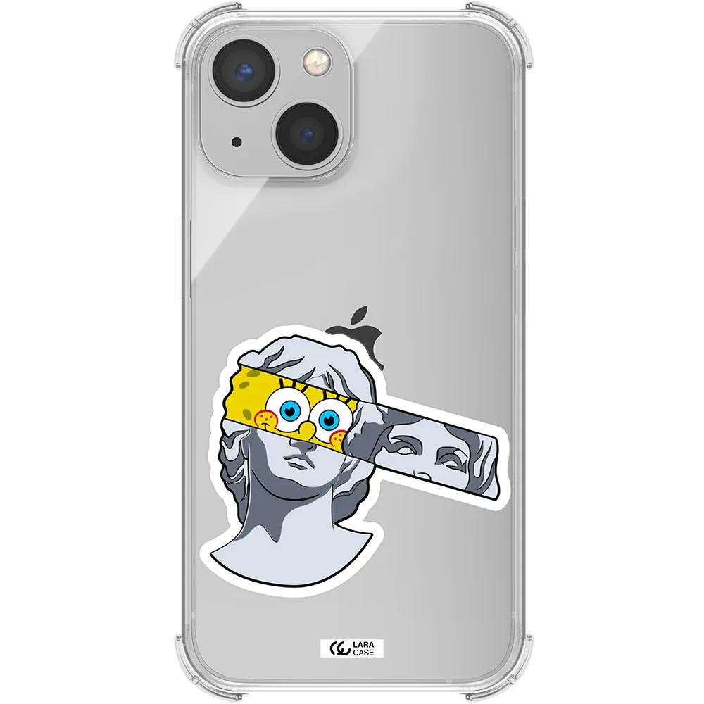 a cartoon of a statue with a yellow spongebob over its eyes Apple iPhone 13 Clear PC Case