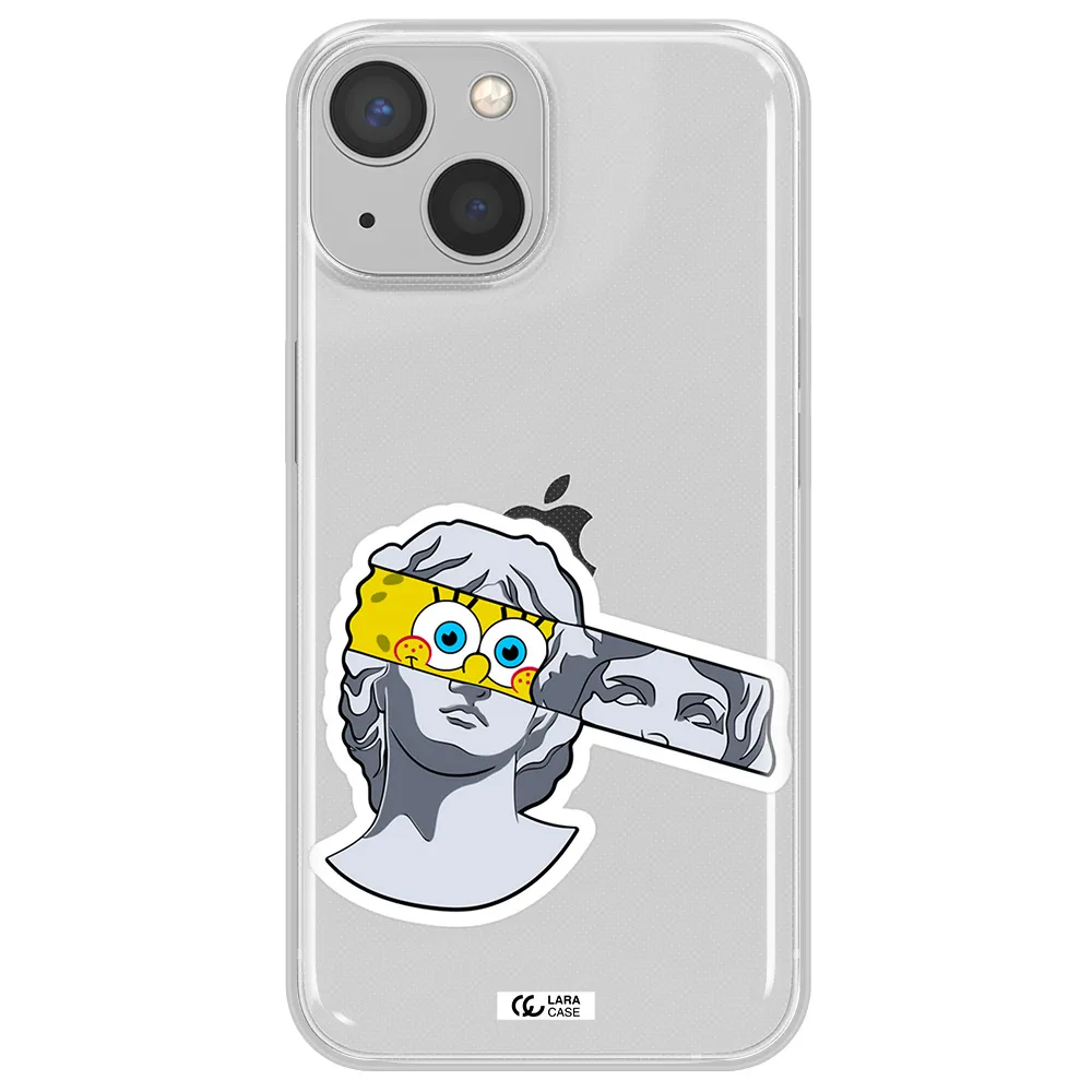 a cartoon of a statue with a yellow spongebob over its eyes Apple iPhone 13 Clear TPU Case