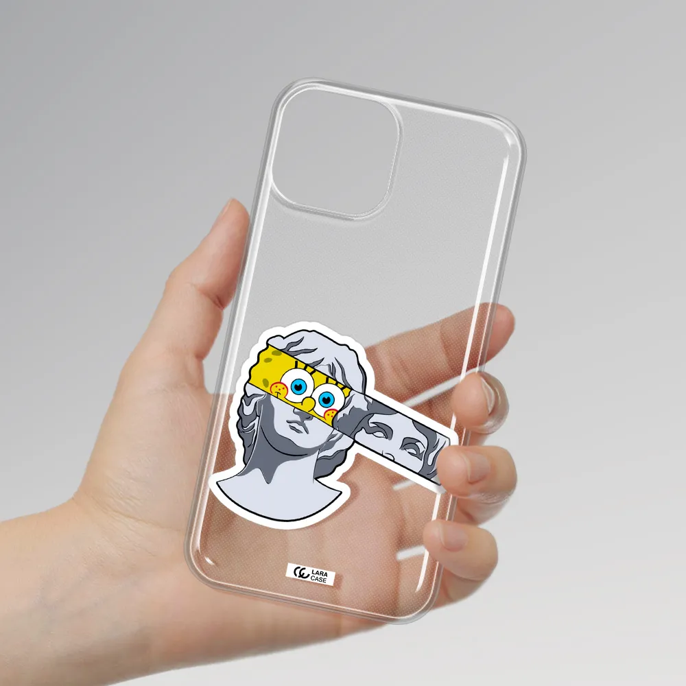 a cartoon of a statue with a yellow spongebob over its eyes Apple iPhone 13 Clear TPU Case