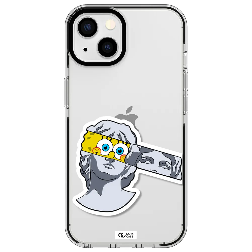 a cartoon of a statue with a yellow spongebob over its eyes Apple iPhone 13 impact black border Case