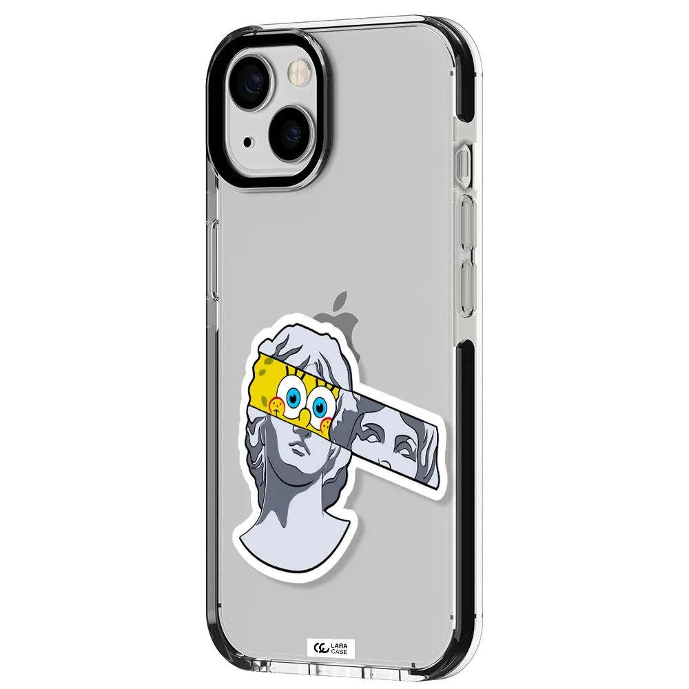 a cartoon of a statue with a yellow spongebob over its eyes Apple iPhone 13 impact black border Case