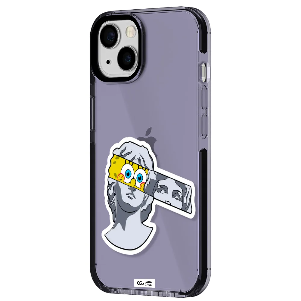 a cartoon of a statue with a yellow spongebob over its eyes Apple iPhone 13 impact Lilac Case