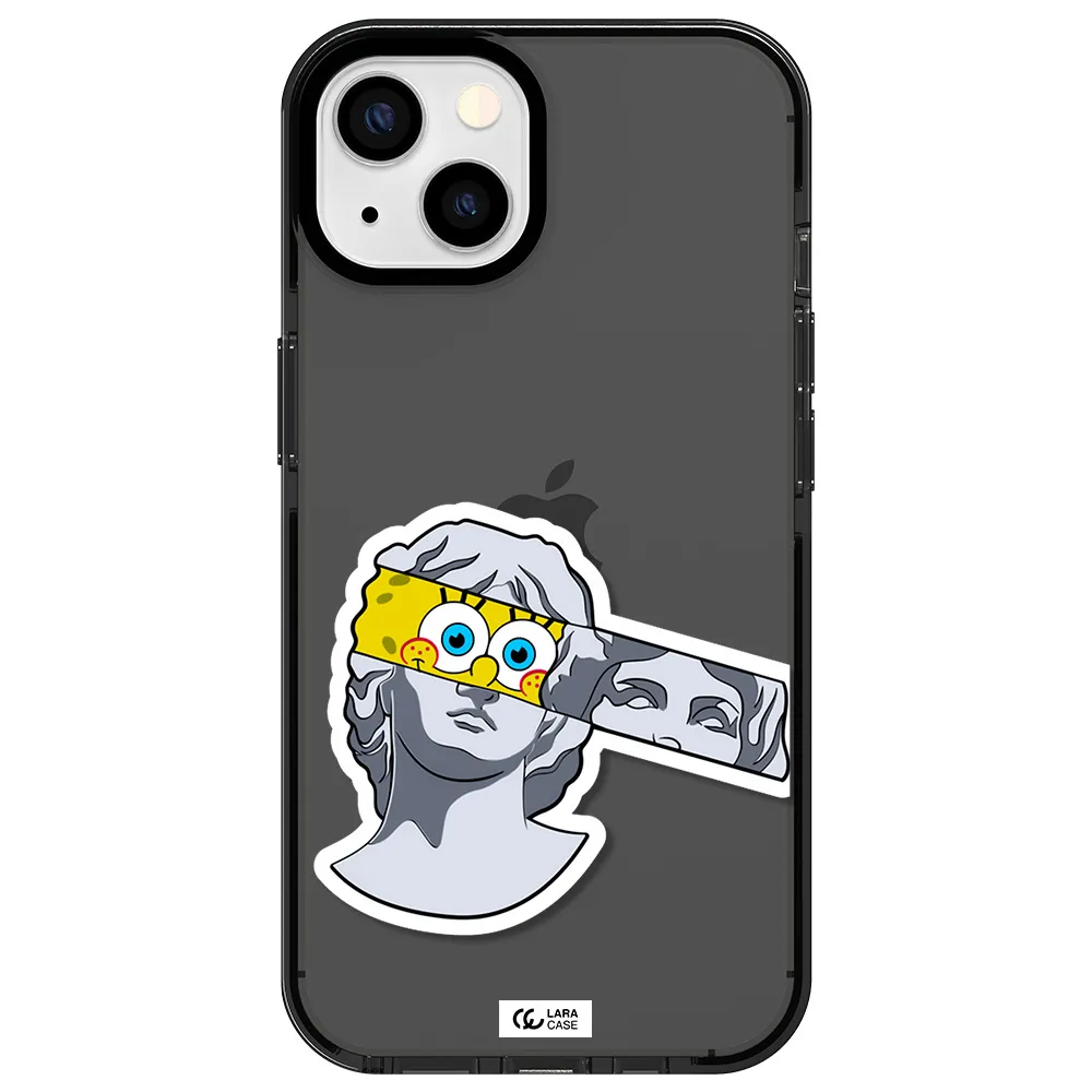 a cartoon of a statue with a yellow spongebob over its eyes Apple iPhone 13 impact Smoke Black Case