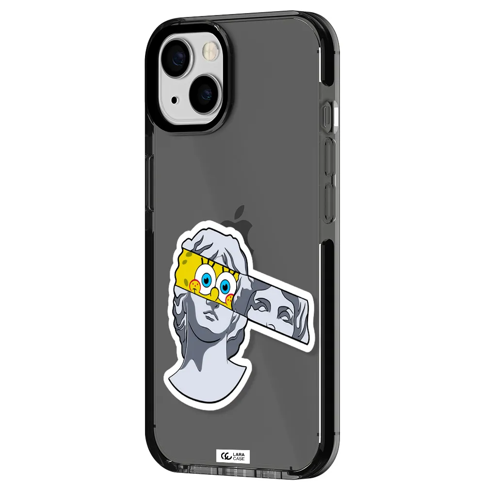 a cartoon of a statue with a yellow spongebob over its eyes Apple iPhone 13 impact Smoke Black Case