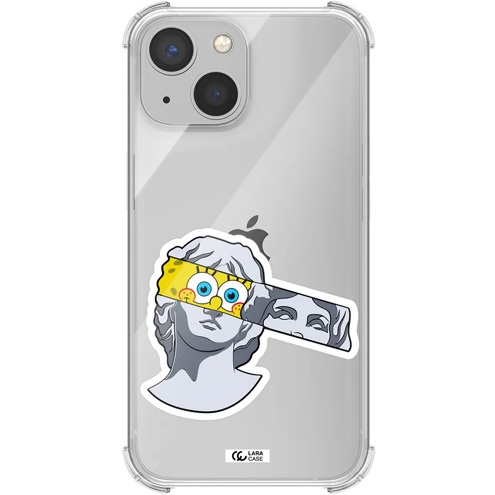 a cartoon of a statue with a yellow spongebob over its eyes Apple iPhone 13 mini Clear PC Case