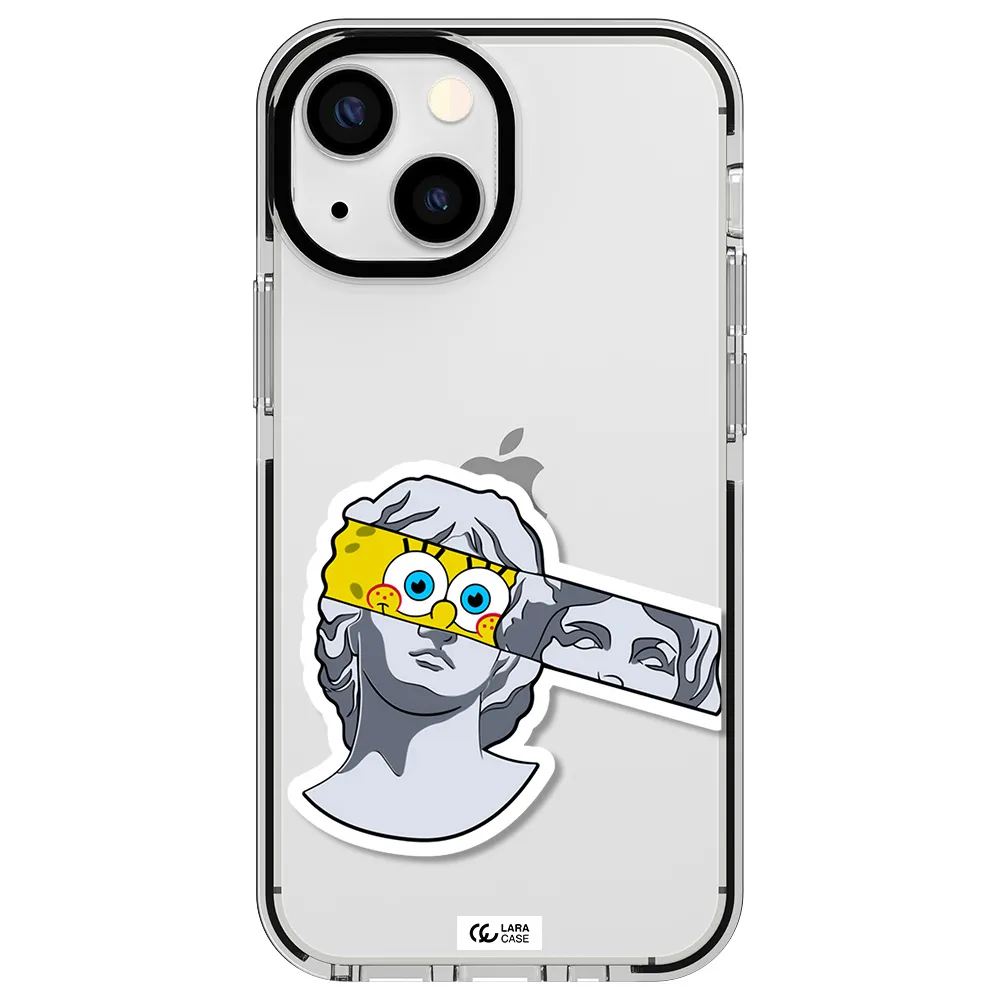 a cartoon of a statue with a yellow spongebob over its eyes Apple iPhone 13 mini impact black border Case