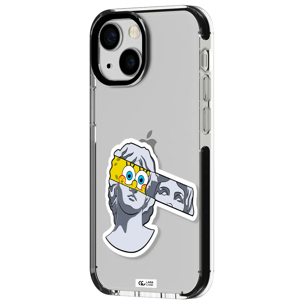 a cartoon of a statue with a yellow spongebob over its eyes Apple iPhone 13 mini impact black border Case