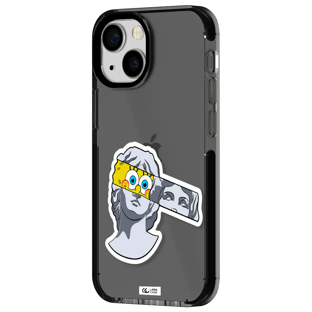 a cartoon of a statue with a yellow spongebob over its eyes Apple iPhone 13 mini impact Smoke Black Case