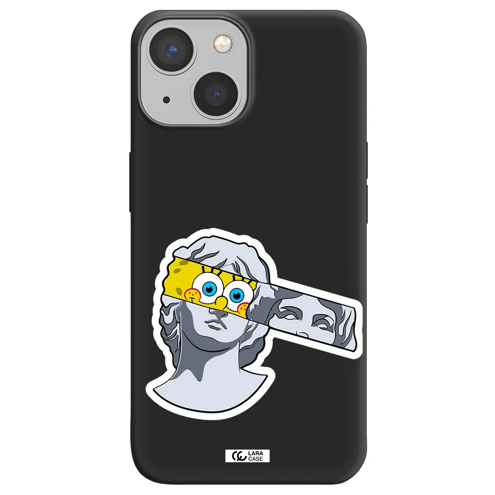 a cartoon of a statue with a yellow spongebob over its eyes Apple iPhone 13 mini Silicone black Case