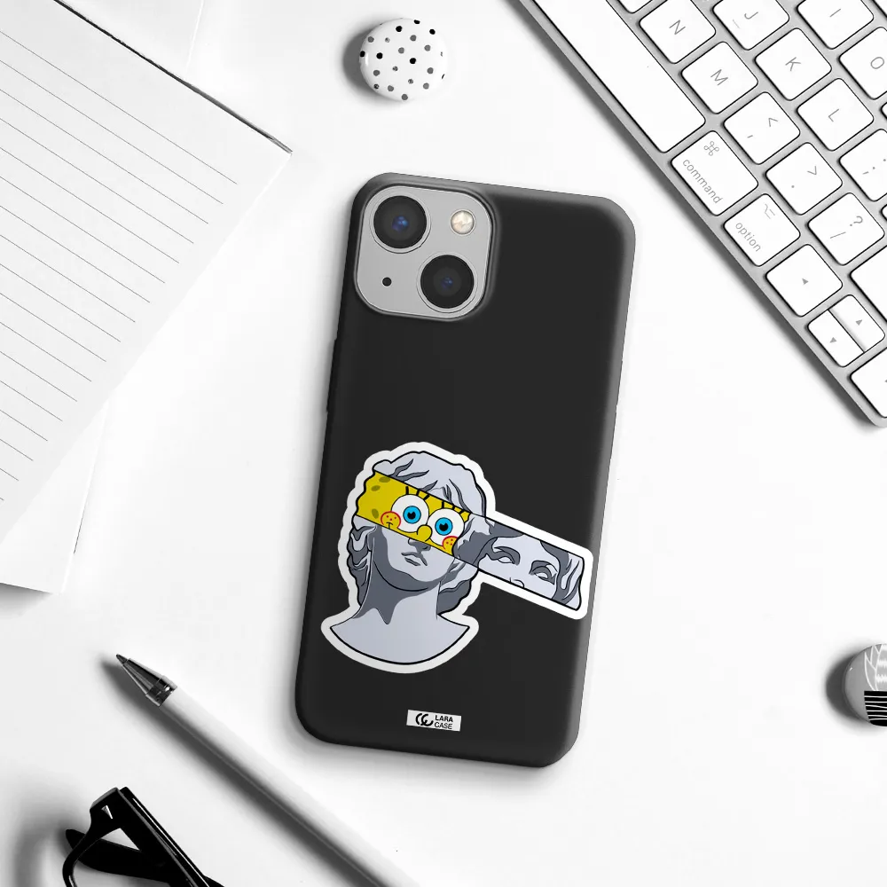 a cartoon of a statue with a yellow spongebob over its eyes Apple iPhone 13 mini Silicone black Case
