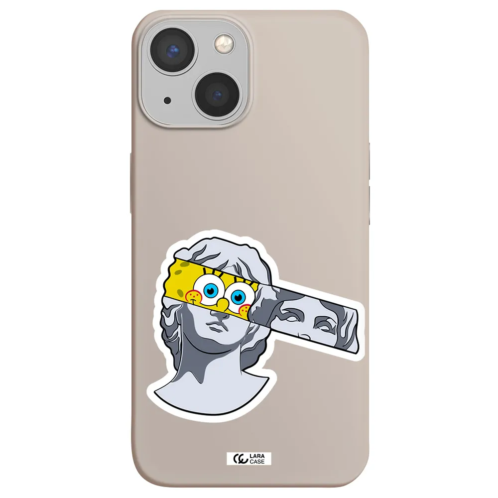 a cartoon of a statue with a yellow spongebob over its eyes Apple iPhone 13 mini Silicone Stone Case