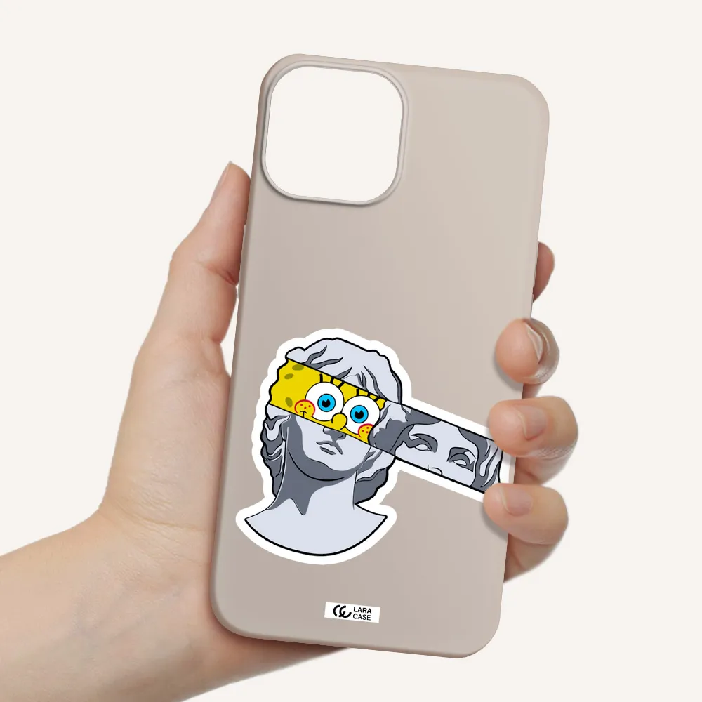 a cartoon of a statue with a yellow spongebob over its eyes Apple iPhone 13 mini Silicone Stone Case