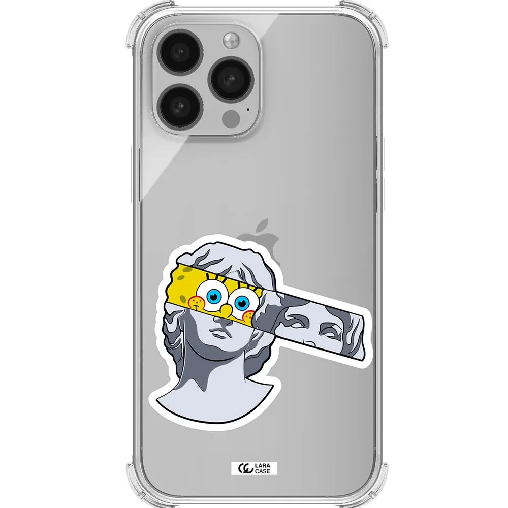 a cartoon of a statue with a yellow spongebob over its eyes Apple iPhone 13 Pro Clear PC Case