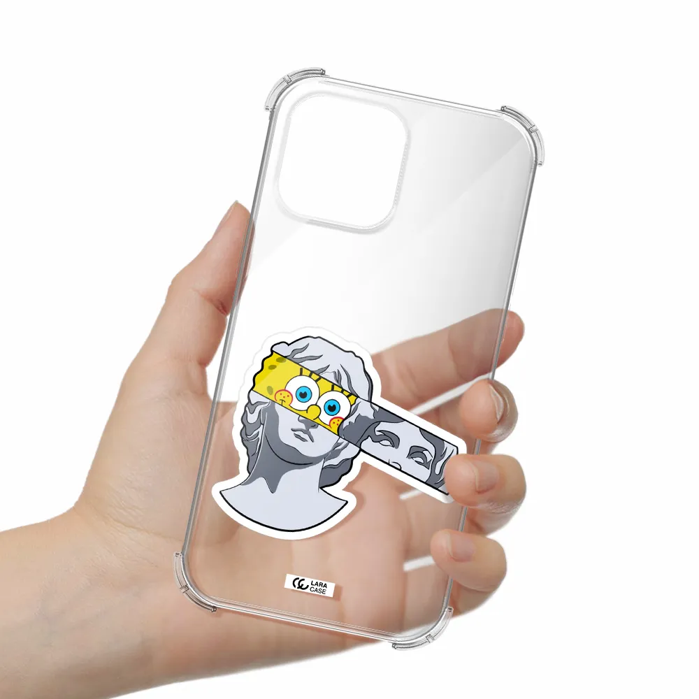 a cartoon of a statue with a yellow spongebob over its eyes Apple iPhone 13 Pro Clear PC Case