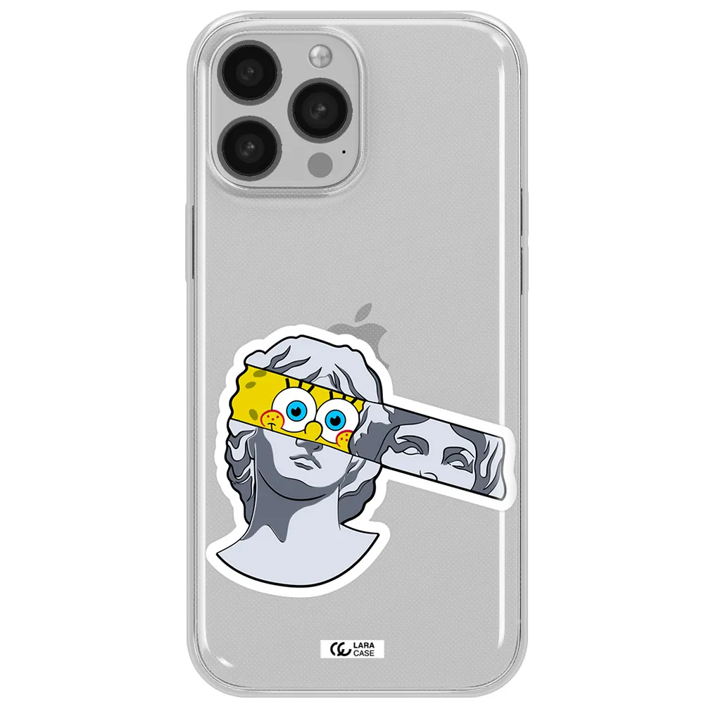 a cartoon of a statue with a yellow spongebob over its eyes Apple iPhone 13 Pro Clear TPU Case