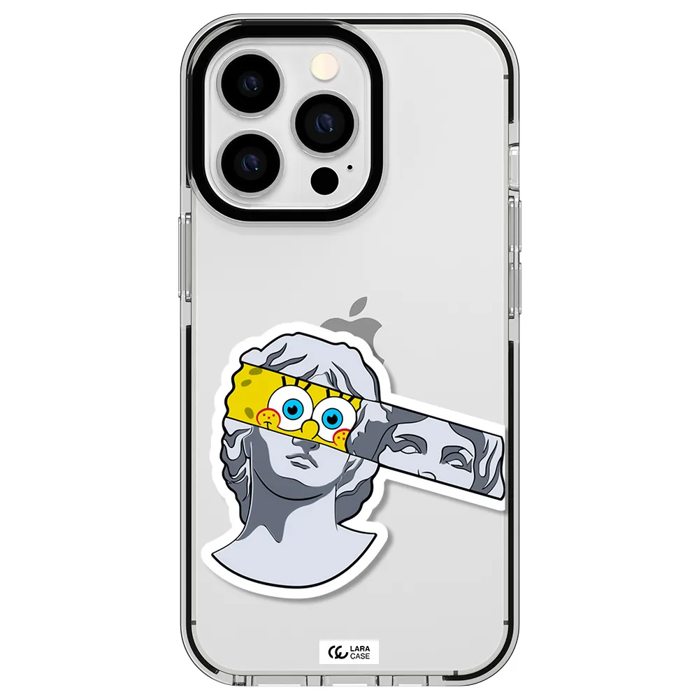 a cartoon of a statue with a yellow spongebob over its eyes Apple iPhone 13 Pro impact black border Case