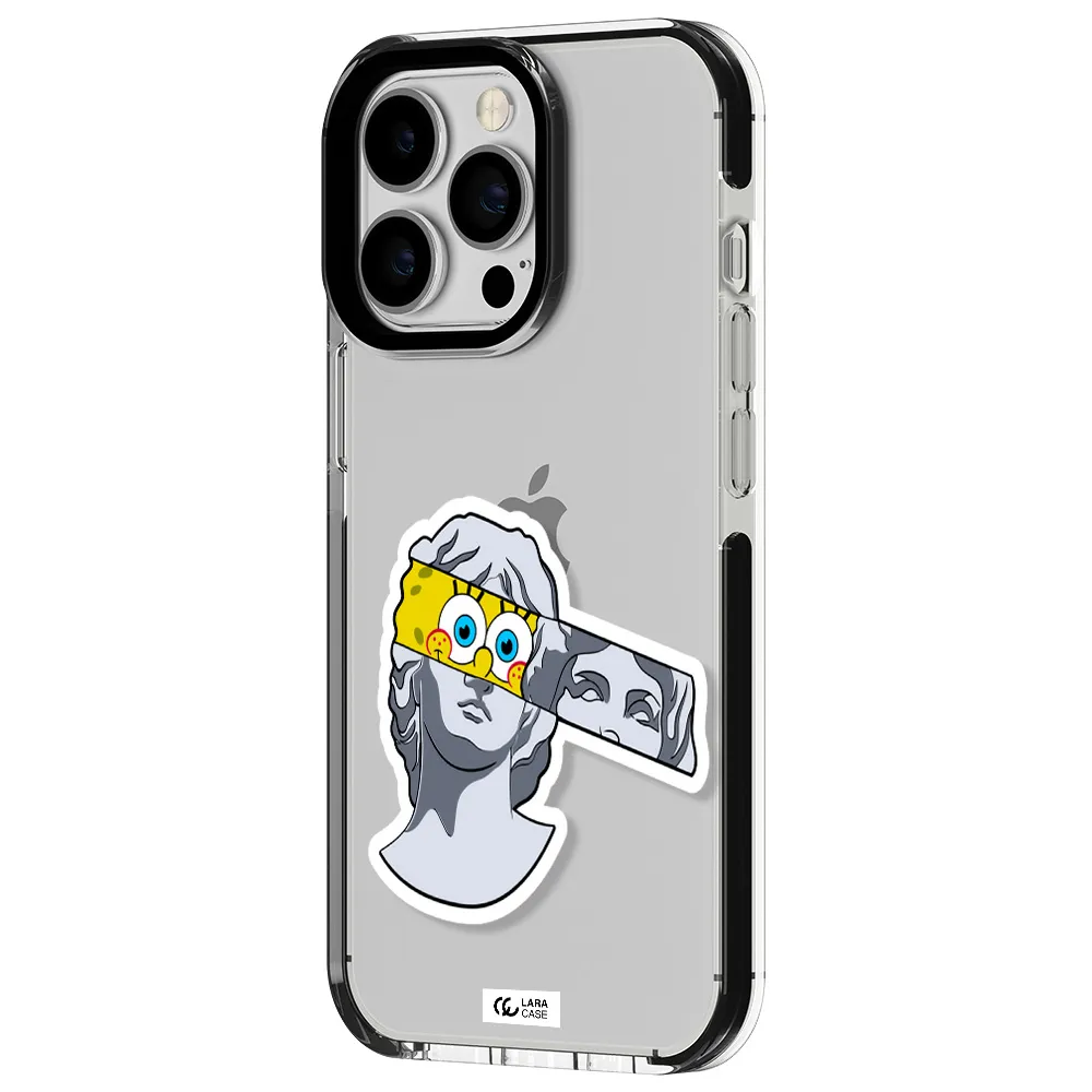 a cartoon of a statue with a yellow spongebob over its eyes Apple iPhone 13 Pro impact black border Case