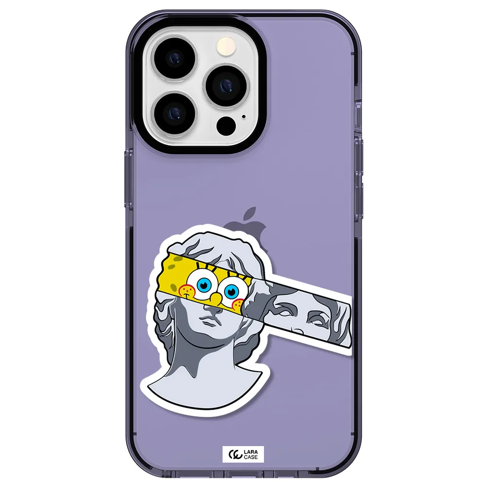a cartoon of a statue with a yellow spongebob over its eyes Apple iPhone 13 Pro impact Lilac Case