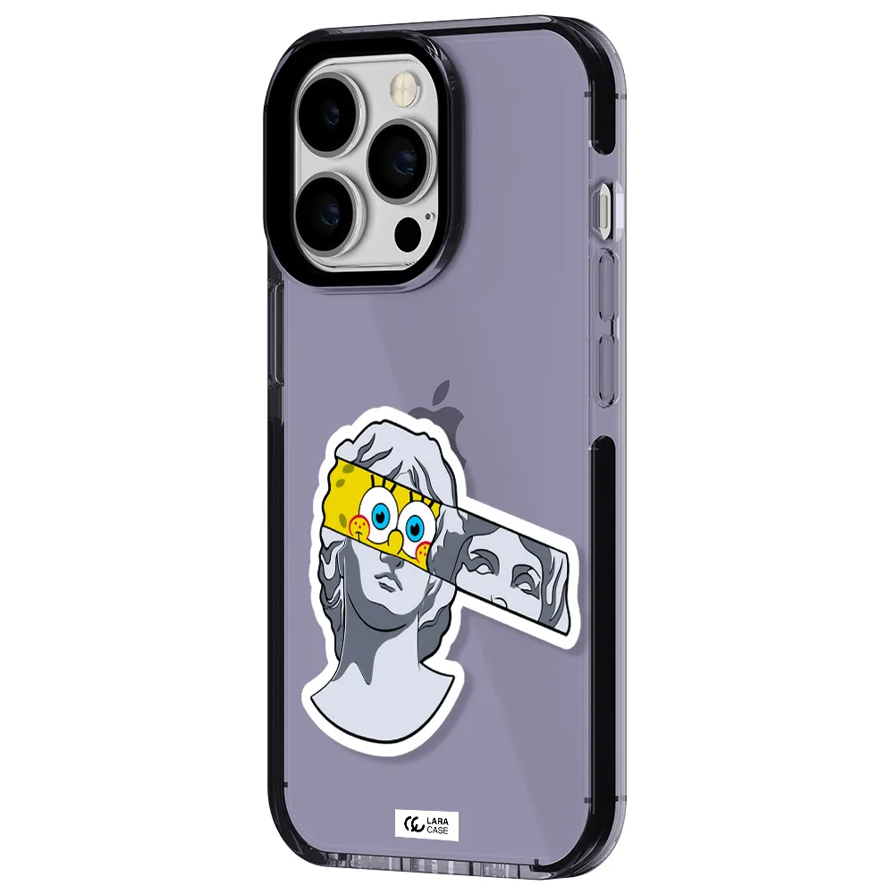 a cartoon of a statue with a yellow spongebob over its eyes Apple iPhone 13 Pro impact Lilac Case