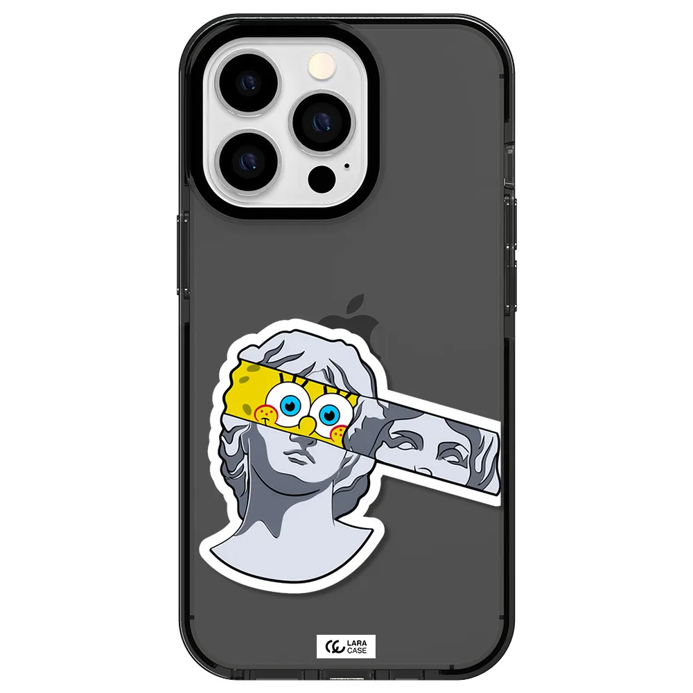 a cartoon of a statue with a yellow spongebob over its eyes Apple iPhone 13 Pro impact Smoke Black Case