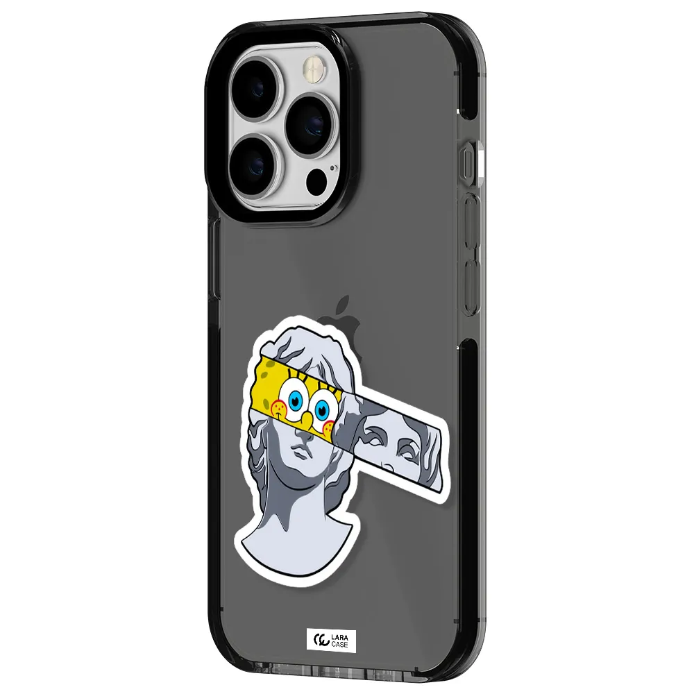 a cartoon of a statue with a yellow spongebob over its eyes Apple iPhone 13 Pro impact Smoke Black Case