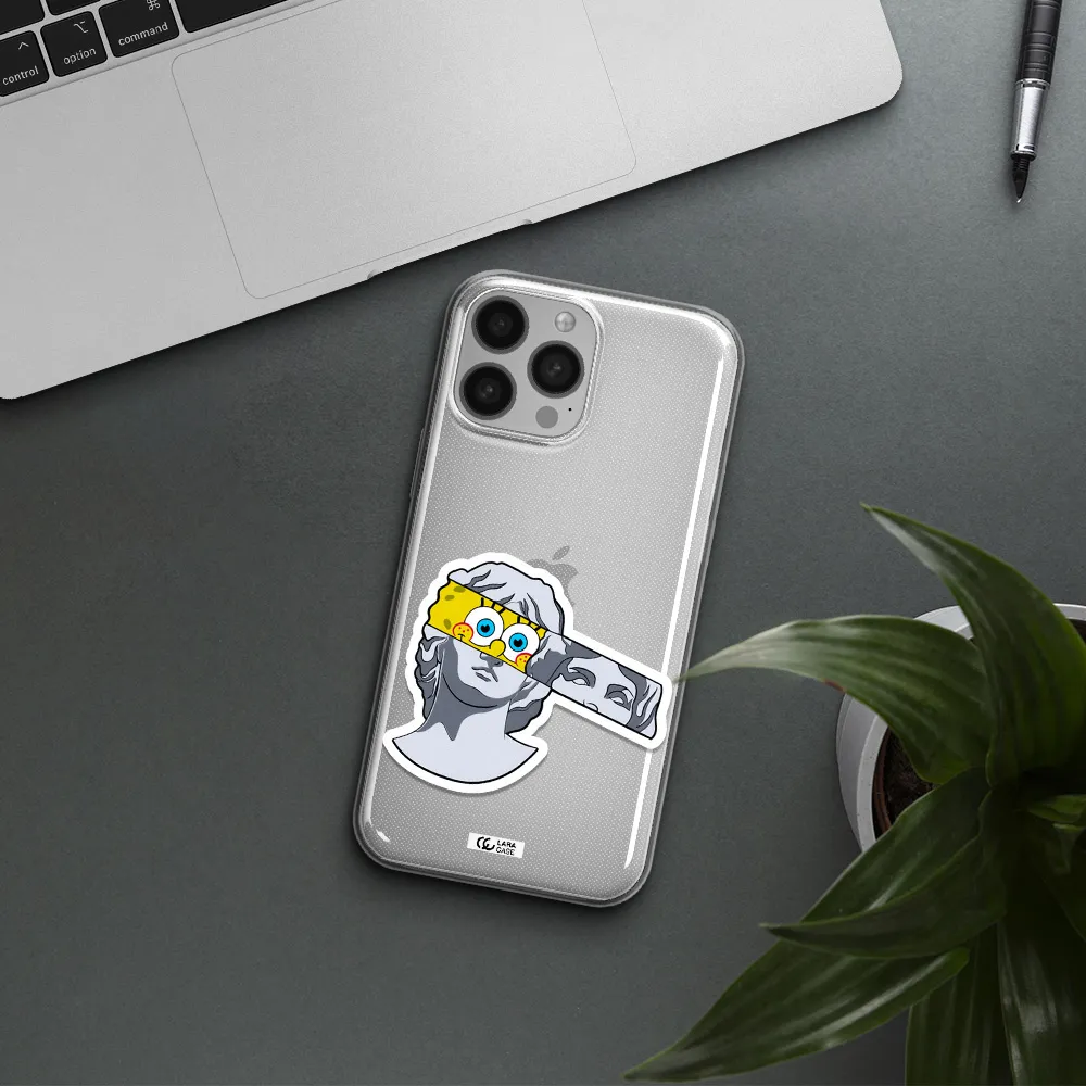 a cartoon of a statue with a yellow spongebob over its eyes Apple iPhone 13 Pro Max Clear TPU Case