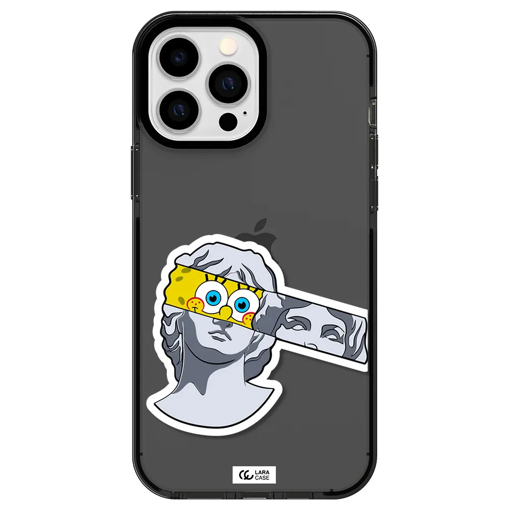 a cartoon of a statue with a yellow spongebob over its eyes Apple iPhone 13 Pro Max impact Smoke Black Case