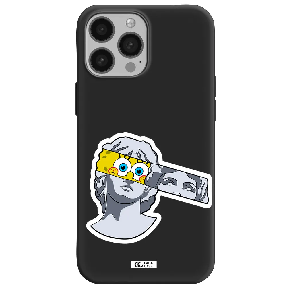 a cartoon of a statue with a yellow spongebob over its eyes Apple iPhone 13 Pro Max Silicone black Case