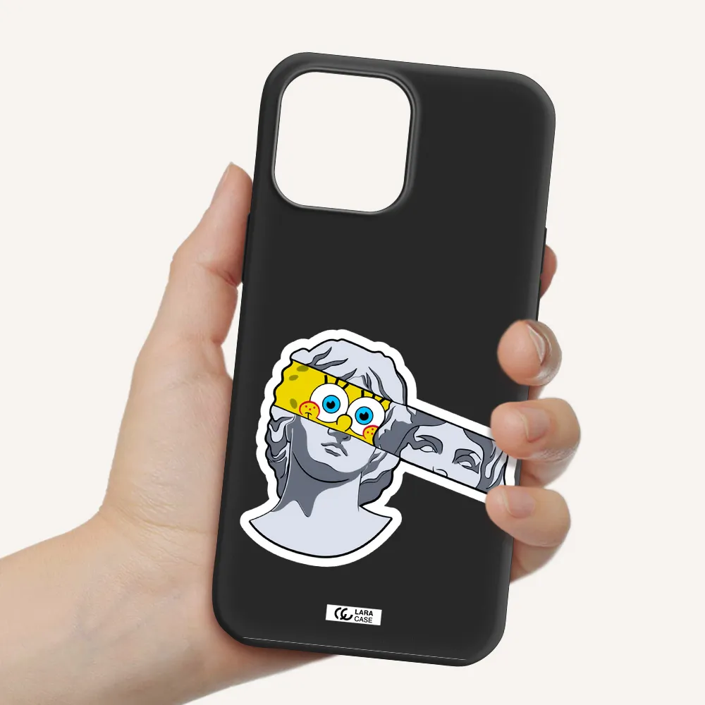 a cartoon of a statue with a yellow spongebob over its eyes Apple iPhone 13 Pro Max Silicone black Case