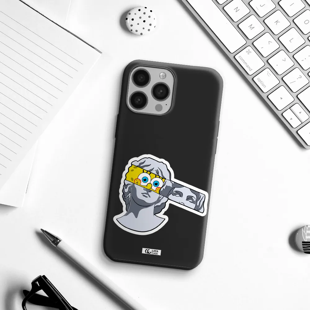 a cartoon of a statue with a yellow spongebob over its eyes Apple iPhone 13 Pro Max Silicone black Case