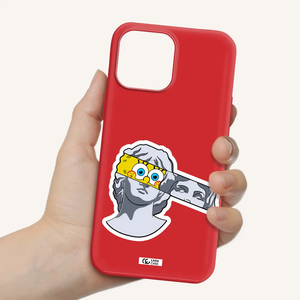 a cartoon of a statue with a yellow spongebob over its eyes Apple iPhone 13 Pro Max Silicone Imperial Red Case
