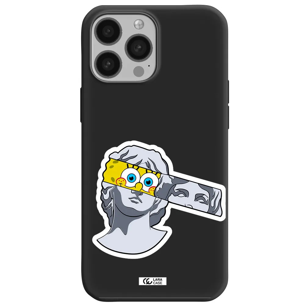 a cartoon of a statue with a yellow spongebob over its eyes Apple iPhone 13 Pro Silicone black Case