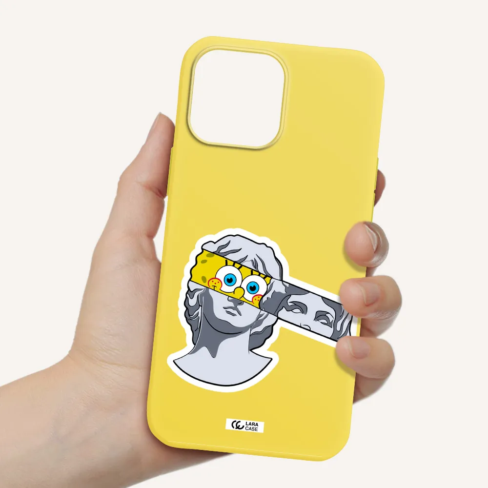 a cartoon of a statue with a yellow spongebob over its eyes Apple iPhone 13 Pro Silicone canary yellow Case