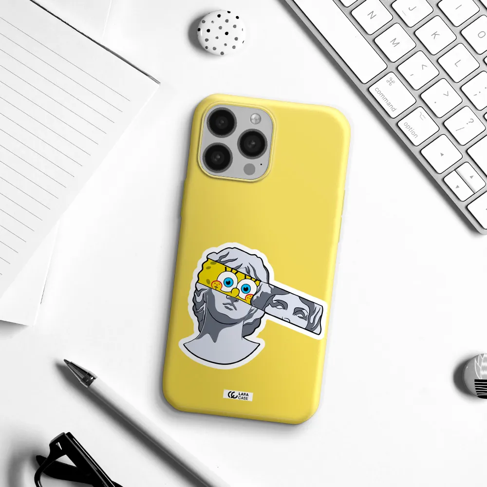 a cartoon of a statue with a yellow spongebob over its eyes Apple iPhone 13 Pro Silicone canary yellow Case