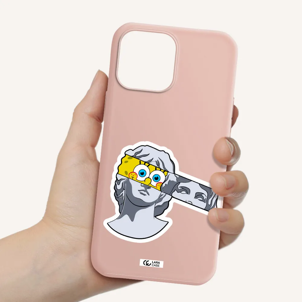 a cartoon of a statue with a yellow spongebob over its eyes Apple iPhone 13 Pro Silicone pastel pink Case