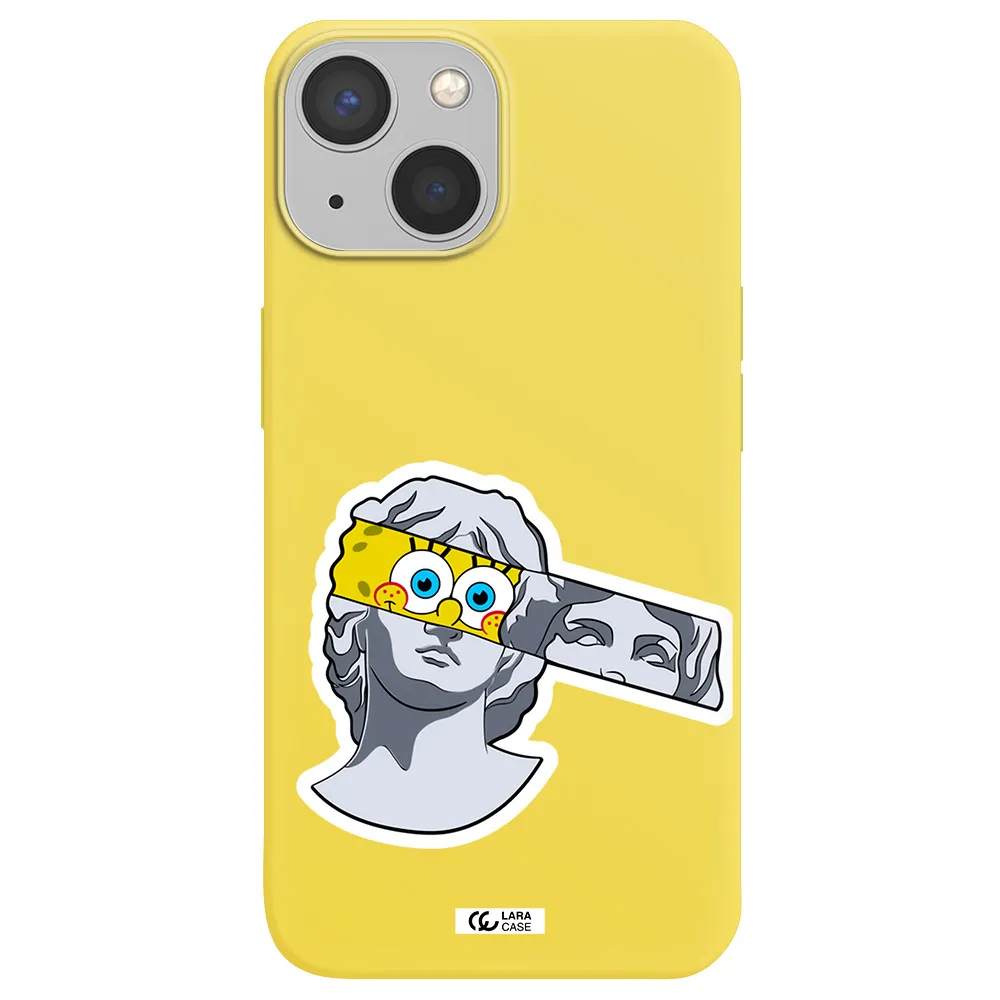 a cartoon of a statue with a yellow spongebob over its eyes Apple iPhone 13 Silicone canary yellow Case