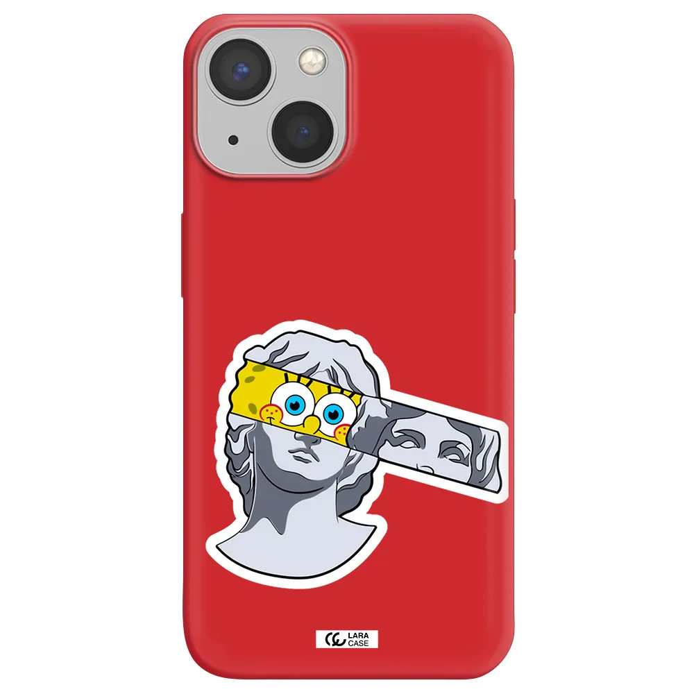 a cartoon of a statue with a yellow spongebob over its eyes Apple iPhone 13 Silicone Imperial Red Case