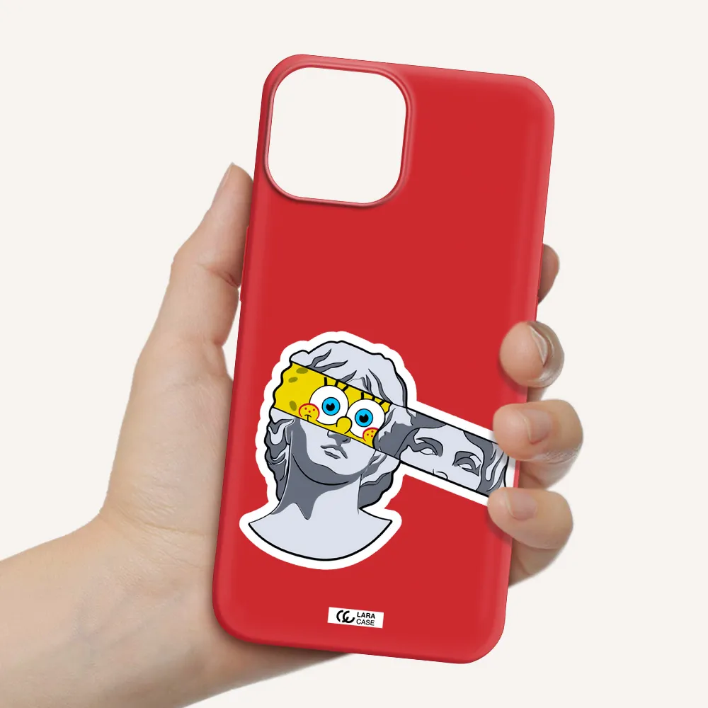 a cartoon of a statue with a yellow spongebob over its eyes Apple iPhone 13 Silicone Imperial Red Case