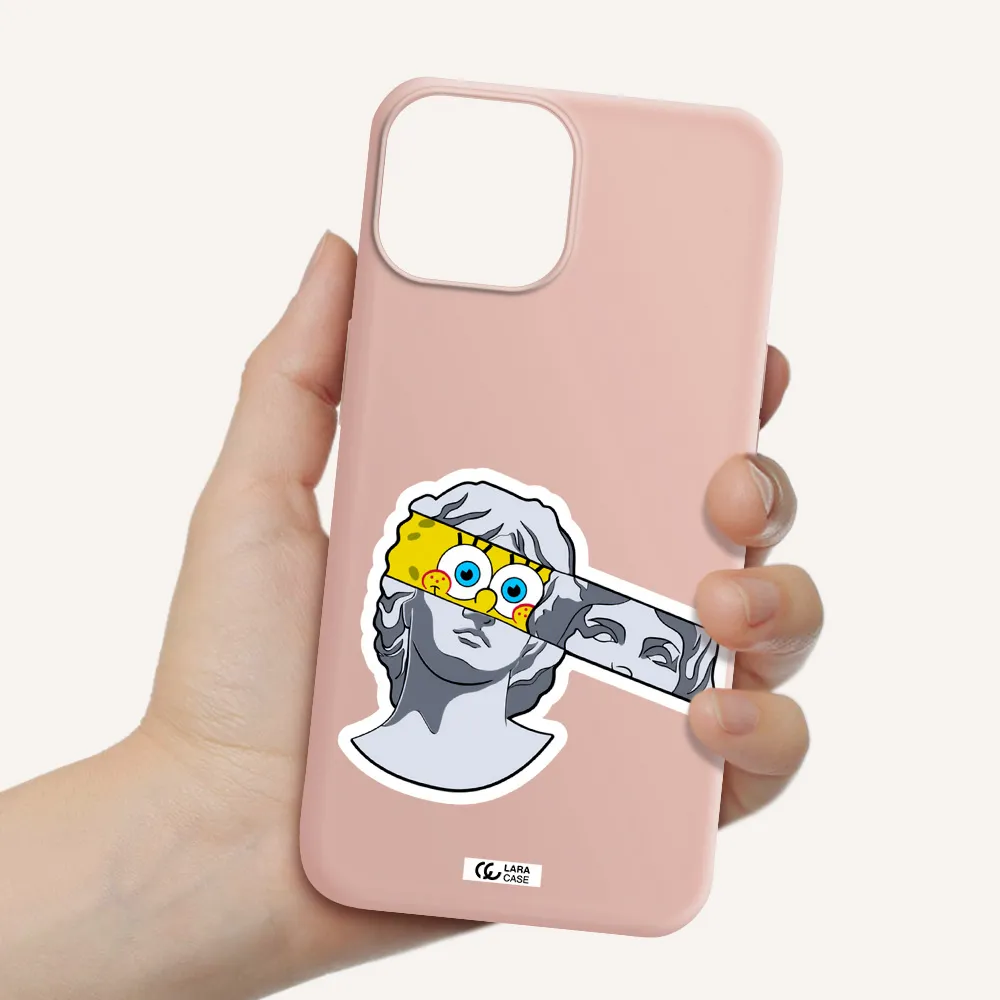 a cartoon of a statue with a yellow spongebob over its eyes Apple iPhone 13 Silicone pastel pink Case