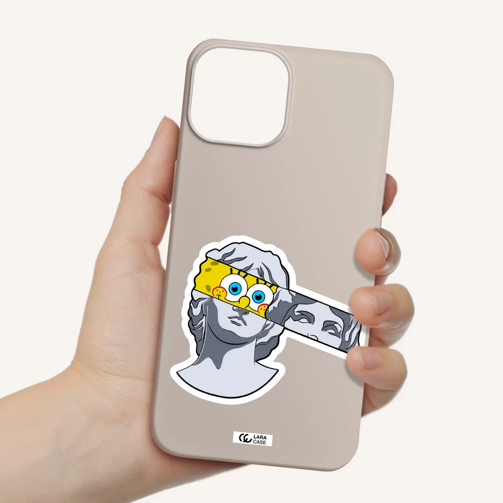 a cartoon of a statue with a yellow spongebob over its eyes Apple iPhone 13 Silicone Stone Case
