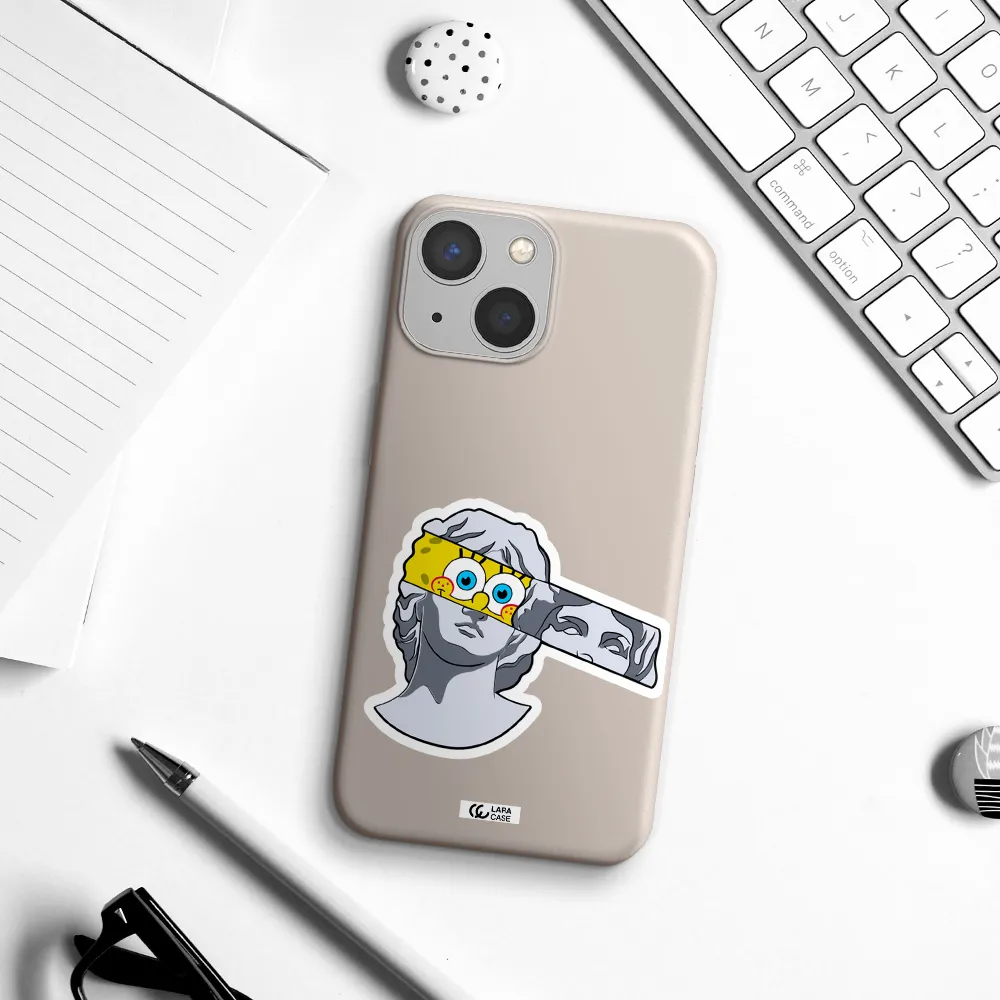 a cartoon of a statue with a yellow spongebob over its eyes Apple iPhone 13 Silicone Stone Case