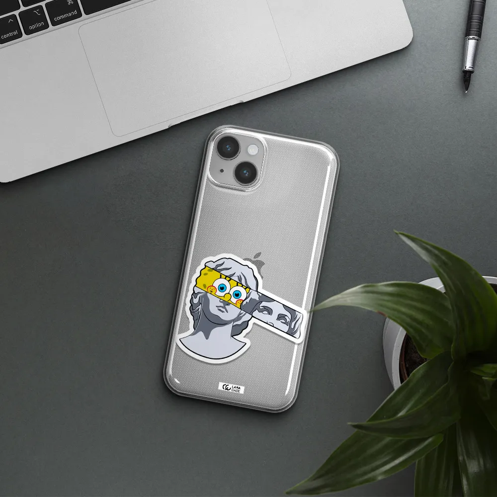 a cartoon of a statue with a yellow spongebob over its eyes Apple iPhone 14 Clear TPU Case