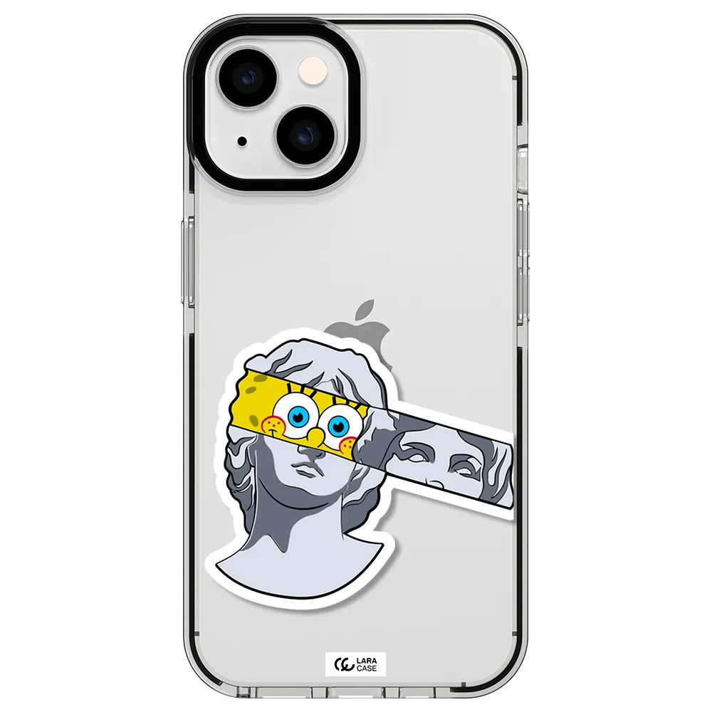 a cartoon of a statue with a yellow spongebob over its eyes Apple iPhone 14 impact black border Case